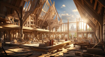 Against a clear blue sky, a towering wooden structure rises from the ground, each beam carefully placed in the ongoing construction, surrounded by scattered lumber and floating clouds - obrazy, fototapety, plakaty