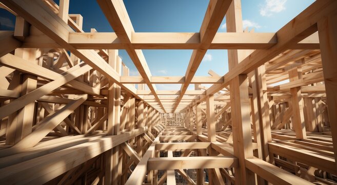 A towering symbol of progress, the unfinished wooden structure rises against the clear blue sky, its exposed beams and stacks of lumber promising a future of growth and possibility