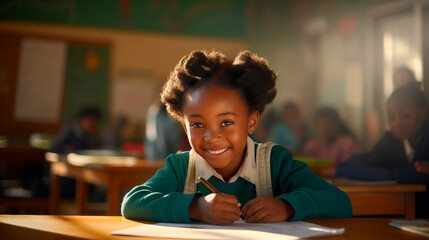 Smiling african girl sitting at desk in class room and looking at camera. Portrait of young black schoolgirl studying with classmates in background. Happy smiling pupil writing on notebook.  - obrazy, fototapety, plakaty