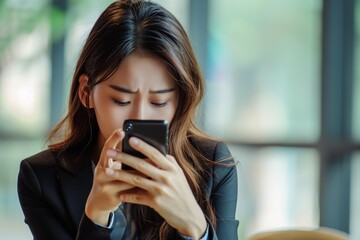 Young busy stressed upset Asian business woman holding cellphone using mobile phone, looking at smartphone feeling tired frustrated reading bad news on financial market working in office - obrazy, fototapety, plakaty
