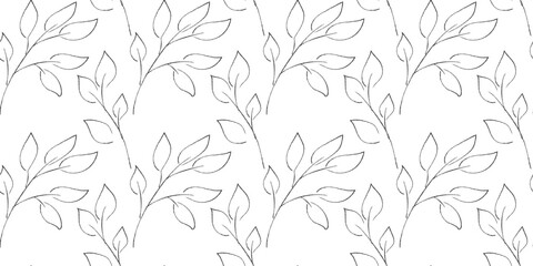 Seamless monochrome vector pattern with branches and foliage, hand-drawn. For print, packaging, wallpaper, banner, web design