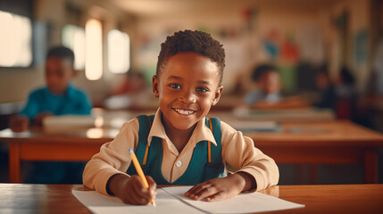 Smiling african boy sitting at desk in class room and looking at camera. Portrait of young black schoolboy studying with classmates in background. Happy smiling pupil writing on notebook.  - obrazy, fototapety, plakaty