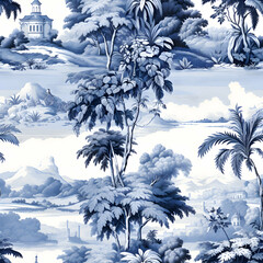 Toile de jouy pattern with countryside views with castles and houses and landscapes with trees, river and bridges with road in blue color	