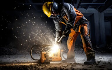 construction worker use heavy duty jackhammer tool breaking reinforced concrete floor