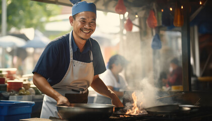 Thai Market Chef, Culinary Expertise - A local man skillfully cooking amidst market hustle.