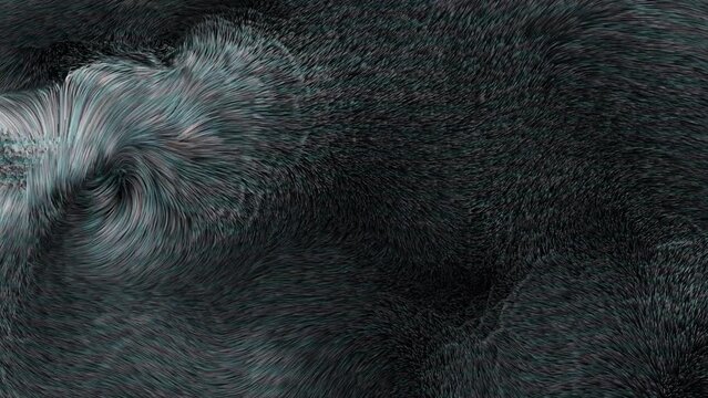 Abstract loop background from dark black hair wool in the wind. Seamless animation fullhd