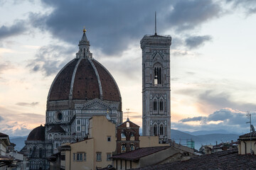 Fototapeta na wymiar Sunrise rooftop panorama with famous Florence Duomo cathedral, Italy, Europe