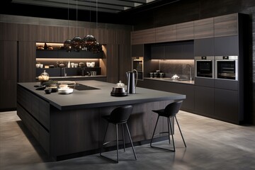 Contemporary dark kitchen with clean lines, minimalist elements, and functional storage solutions