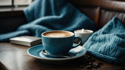 Coffee cup and book on wooden table