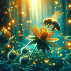 Fototapeta na wymiar A bee is taking honey from a flower