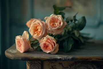 Peach Roses on Lace Tablecloth in Vintage Room
