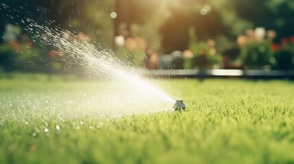 Automatic lawn sprinkler watering green grass. Sprinkler with automatic system. Garden irrigation system watering lawn. Water saving or water conservation from sprinkler system 