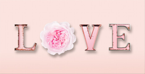 Silver pink letters love on a trendy pink background. Happy Valentine's Day, Mother's Day, March 8th