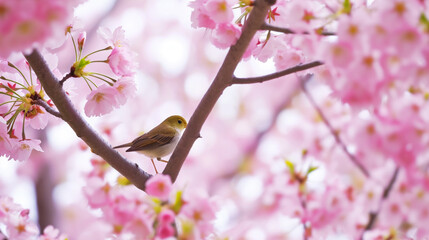 Obraz premium Spring background. Cherry Blossoms, Kawazu-Zakura, Cerasus Lannesiana Carrière With Birds. Copy paste area for texture