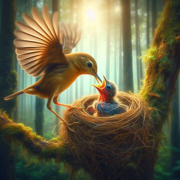 A bird feeding its young birds in its nest Ai generated art