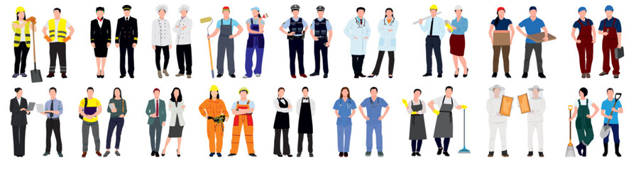 Pair of various professional. Different profession couple standing. Pair of male and female,  aviation, medical, police, medical, architect, mechanic, businesspeople, chef, bee keeper and many more. 