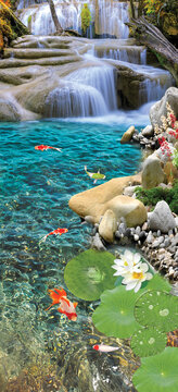 Beautiful Nature 3d Floor Design Water fall with fish & sea stone