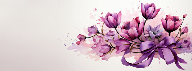 Fototapeta premium violet tulips with ribbon on white background. Web banner with copy space.