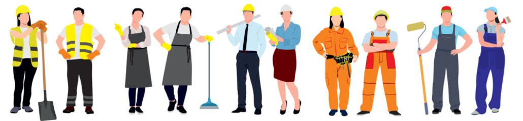Pair of male and female builders and construction workers in helmets. Vector flat illustration of diverse people working in building industry, men and women architect, painter, engineers and repairman - obrazy, fototapety, plakaty