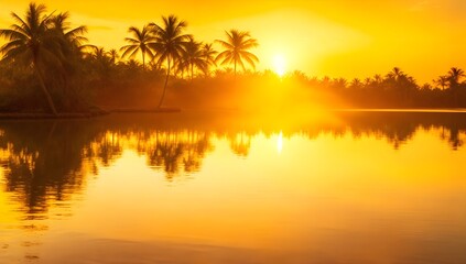 Fototapeta na wymiar Sunset on the tropical island. Beautiful landscape of golden sunlight over water.