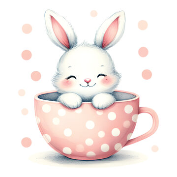 Hand-drawn style painting of a cute rabbit inside a cup with flowers 11