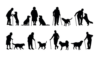 Fototapeta premium Elderly senior people holding walking stick cane with dogs vector silhouettes set.