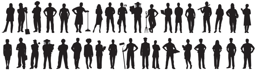 silhouette of various professional. Collection of different occupation people group of diverse workers of various professions and specialists standing together.
