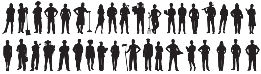 Fotobehang silhouette of various professional. Collection of different occupation people group of diverse workers of various professions and specialists standing together. © LazyArtist