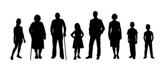 Family full body portrait black silhouette. - obrazy, fototapety, plakaty