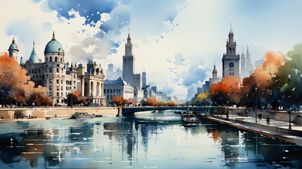 a watercolor big city skyline - obrazy, fototapety, plakaty