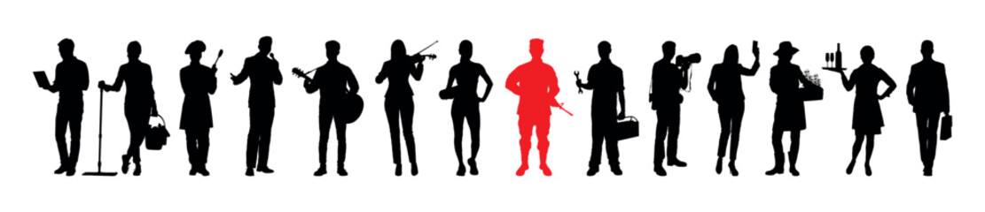 Male soldier with rifle red silhouette standing among group of people crowd in row in black silhouettes.