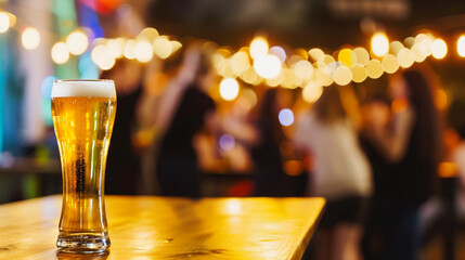 Glass Of Beer On Table With Blur Background Group Of Woman Dancing. Entertainment concept