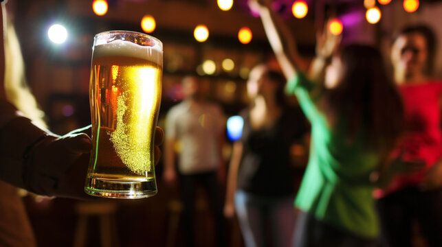 Glass Of Beer On Table With Blur Background Group Of Woman Dancing. Entertainment Concept