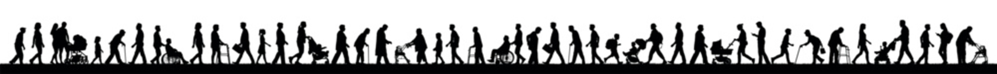 People different ages kids teen young adult senior walking side view large silhouettes vector collection. - obrazy, fototapety, plakaty