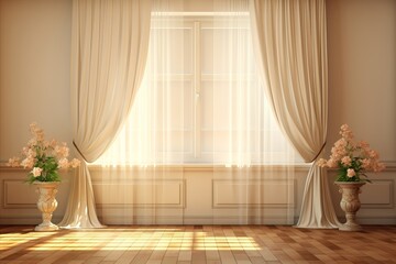 Captivating 3d interior scene with sheer white curtain and sunlight streaming through window