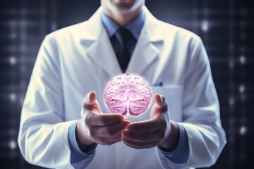 Doctor holding human brain. Diagnosis of sickness and mental disorders in neurology and psychiatry - obrazy, fototapety, plakaty