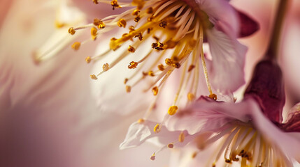 Spring background. Macro Shot Of Weeping Cherry Tree Prunus Pendular Blossom. Pollen. Copy paste area for texture