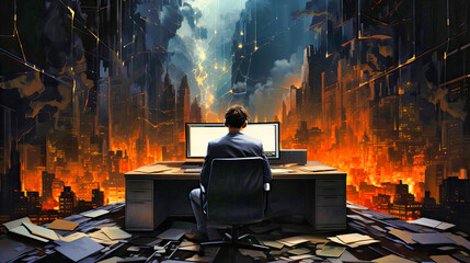Experience the intensity of office work with this silhouette of a stressed businessman. The computer, city backdrop, and determined expression convey the challenges of a corporate environment.