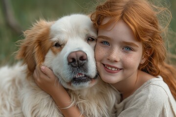 a young girl with red hair, smiling joyfully as she embraces a large, fluffy white dog. 