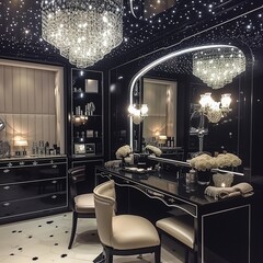makeup room designed in a luxurious black and white theme, featuring a sparkling star roof and