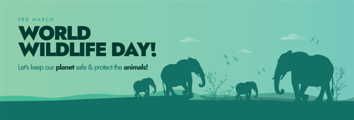 World Wildlife day. 3rd March World wildlife day conceptual banner with silhouette elephants herd and trees in green colour. Wildlife safety awareness banner to protect wild animals and plants.