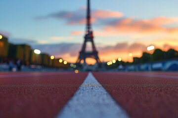 .Olympic Games stadium at the background of blurred Eiffel Tower