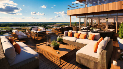 Luxurious Outdoor Relaxation: Summer Vibes on a Beautiful Balcony with Modern Furniture. - obrazy, fototapety, plakaty