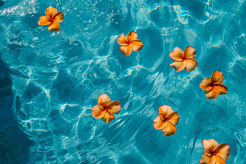 
top view of crystal clear blue pool with tropical orange flowers floating on the surface ....