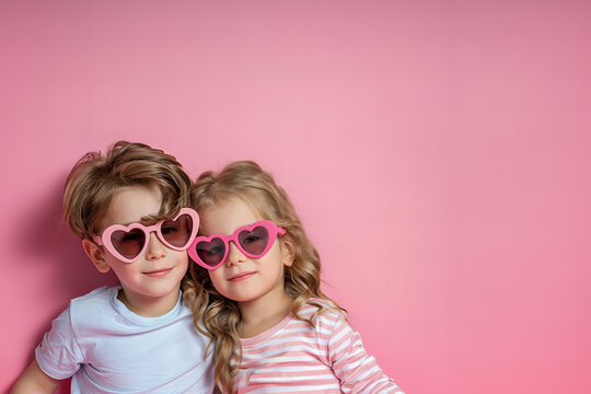 two cute kids, boy and girl wearing pink heart shaped sunglasses isolated on light pastel pink background with copy space