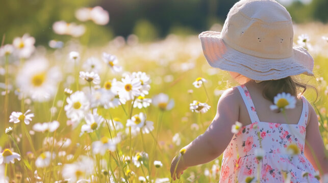Spring background. Selective Focus Of Blur Cute Little Girl Child In Hat Walks Through Field Of Daisies Copy paste area for texture