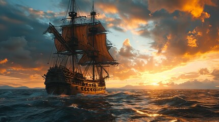 A pirate ship passes between rocks in the ocean against the backdrop of the setting sun.