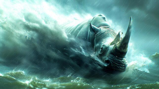 rhinoceros is submerged in water, with only its head and the tip of its horn visible, creating splashes in a dramatic, stormy setting