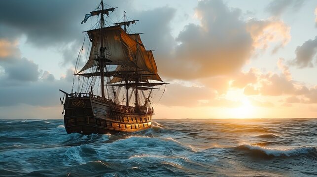 A pirate ship passes between rocks in the ocean against the backdrop of the setting sun.
