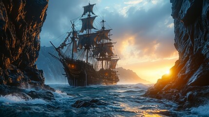 Obraz premium A pirate ship passes between rocks in the ocean against the backdrop of the setting sun.